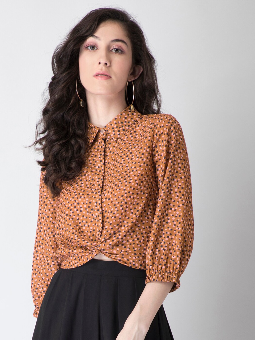 

FabAlley Brown Polka Dot Front Knot Crop Top