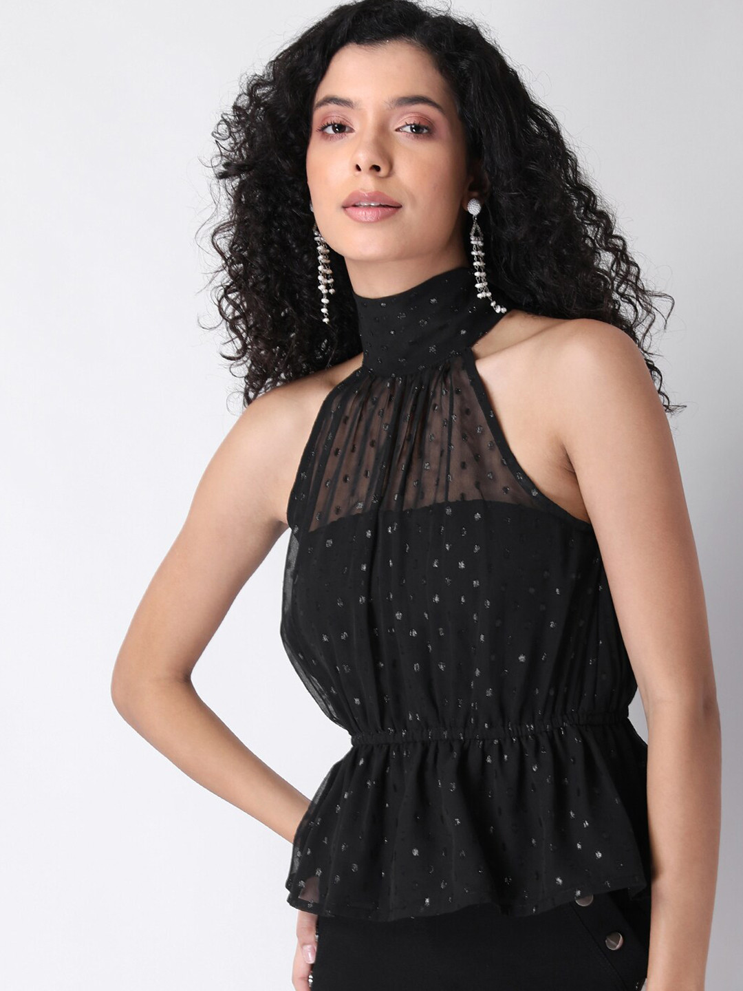 

FabAlley Black Embellished High Neck Georgette A-line Top