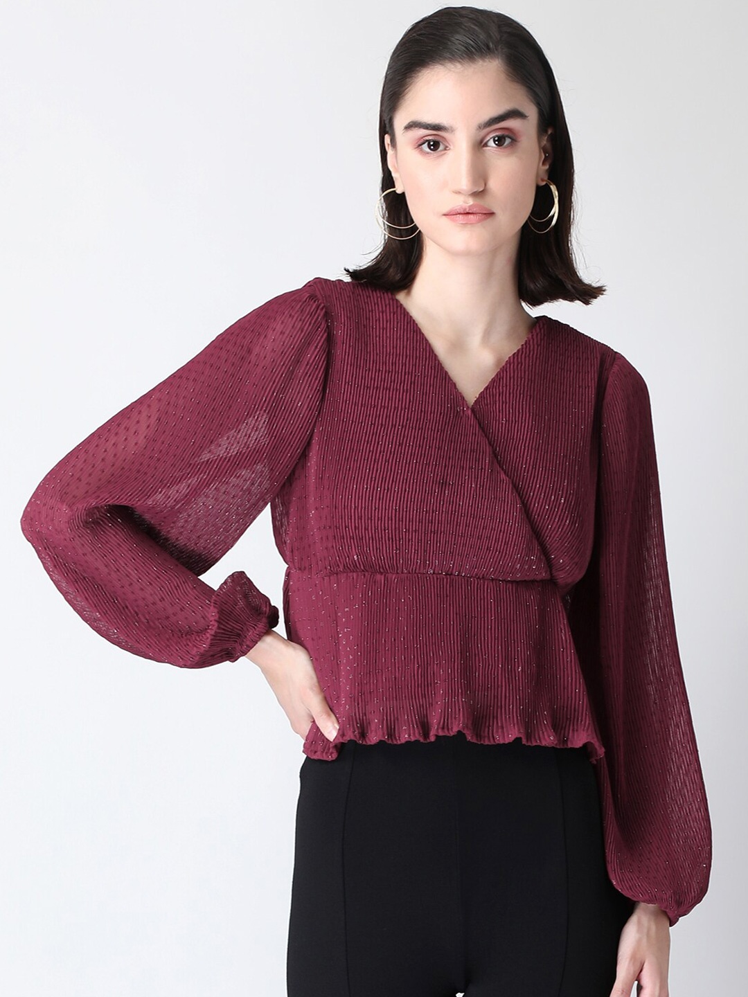 

FabAlley Maroon Bishop Sleeves Georgette Wrap Top