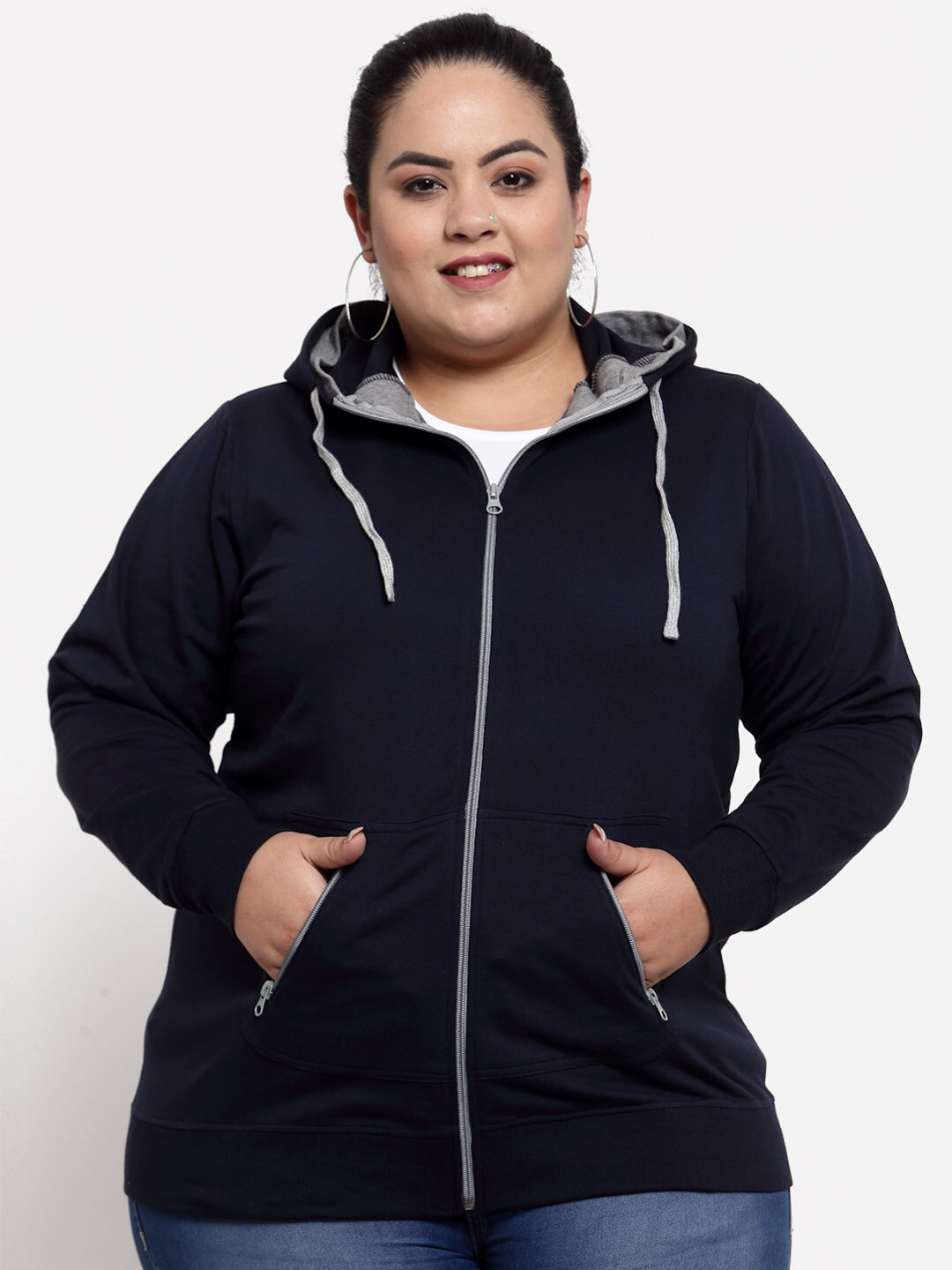 

plusS Women Navy Blue Hooded Sweatshirt