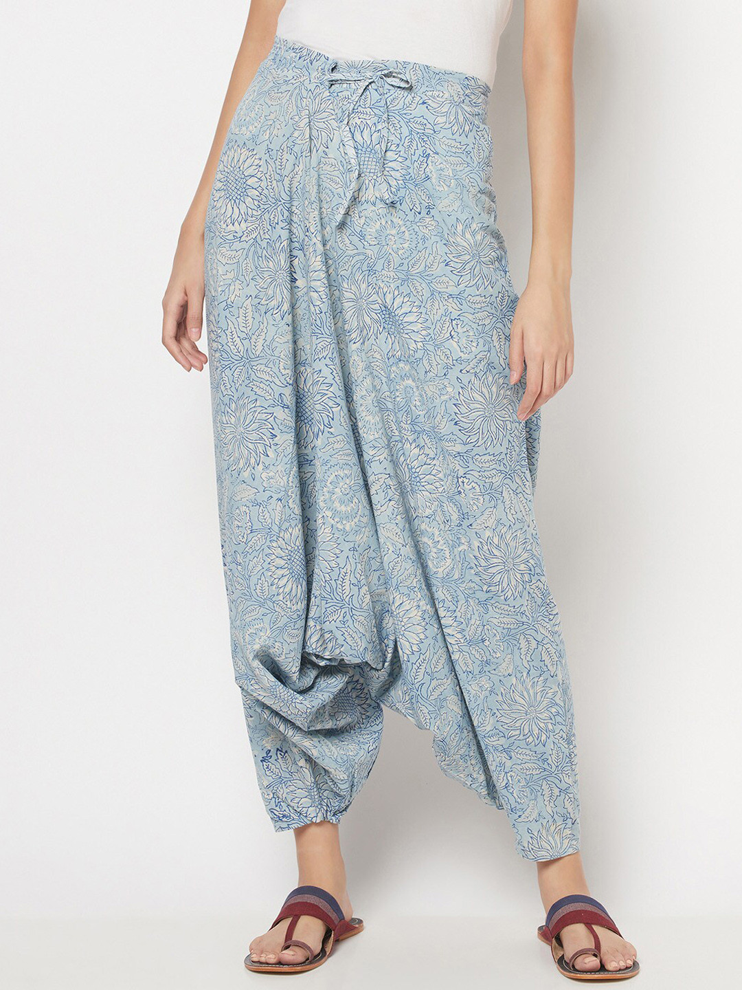 

Fabindia Women Blue & White Printed Cotton Harem Pants