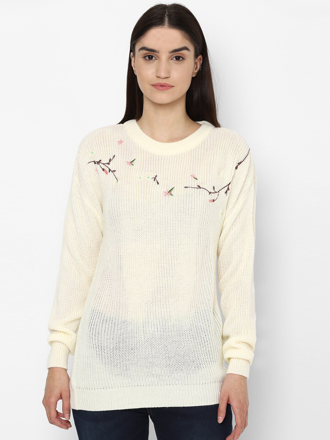 

Allen Solly Woman Cream-Coloured & Brown Floral Printed Pullover