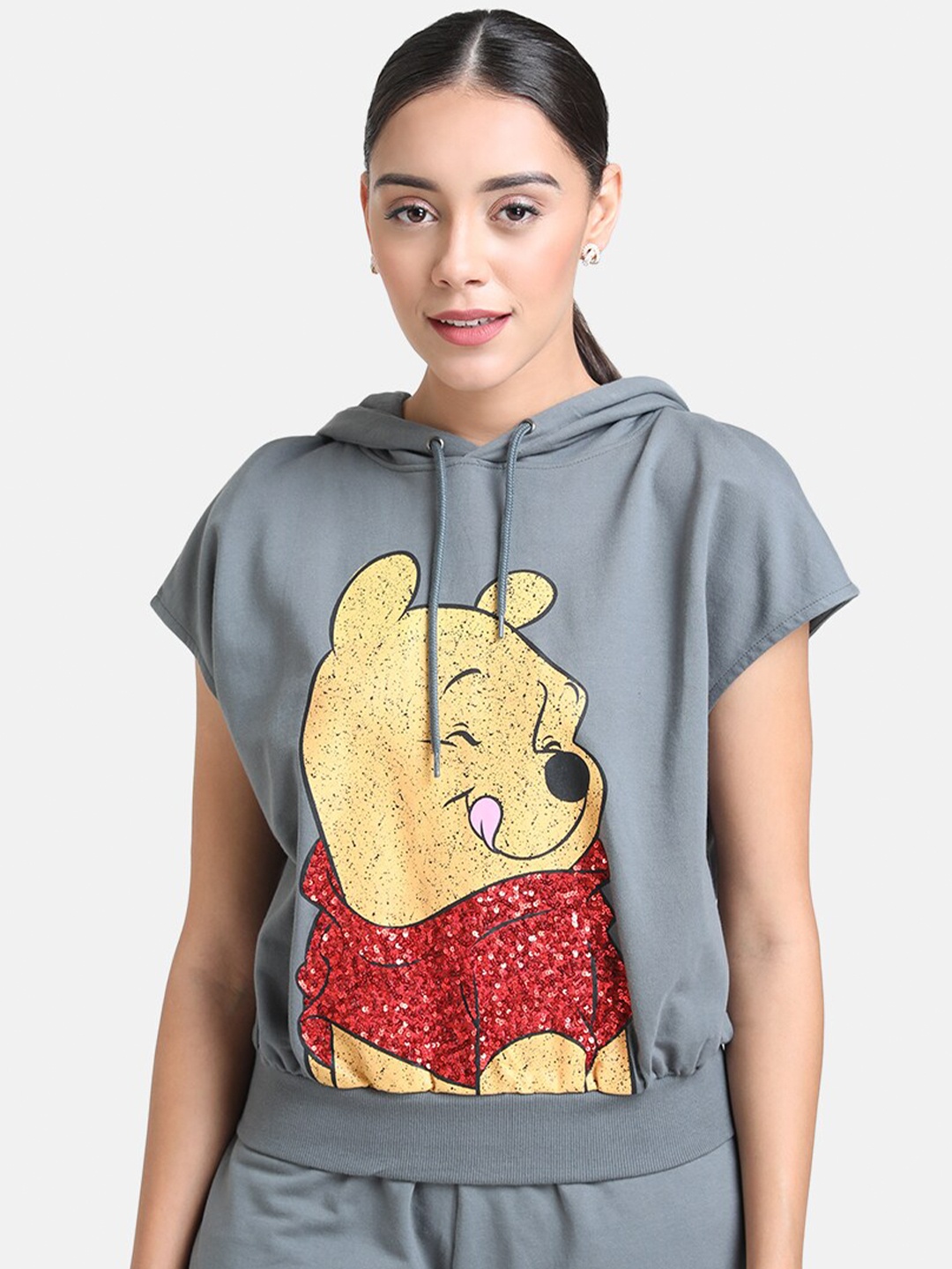 

Kazo Women Grey Printed Hooded Sweatshirt