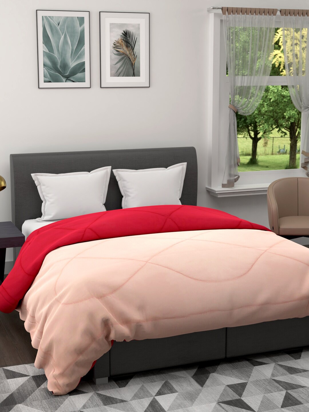

Clasiko Peach-Coloured & Red AC Room 120 GSM Reversible Double Bed Quilt