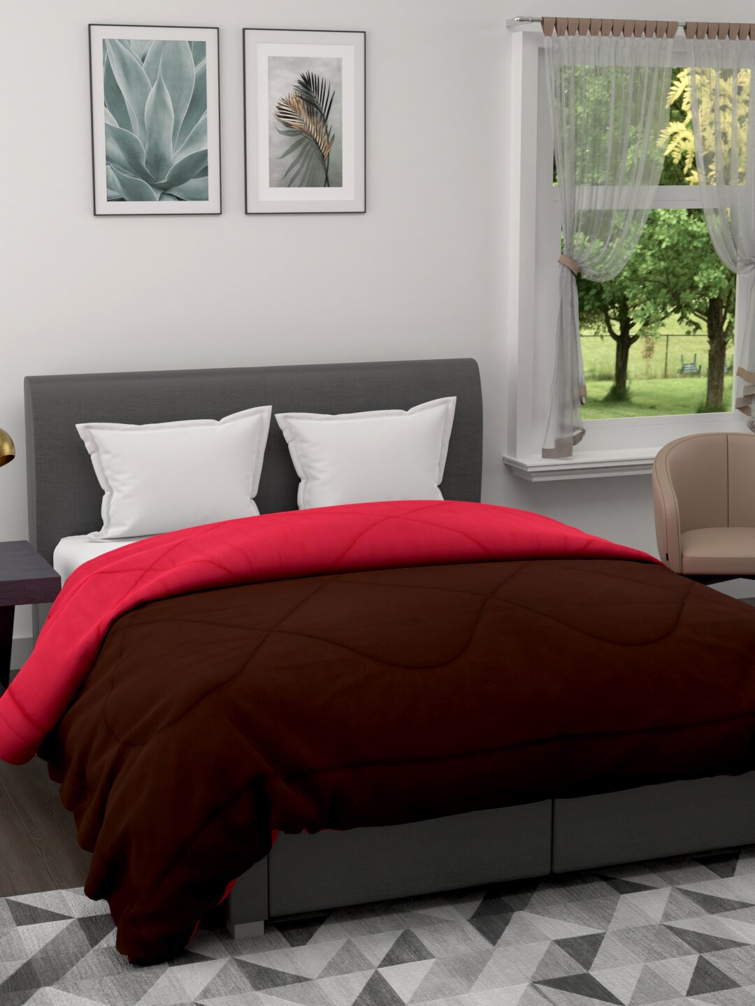 

Clasiko Brown & Coral AC Room 120 GSM Cotton Reversible Double Bed Quilt