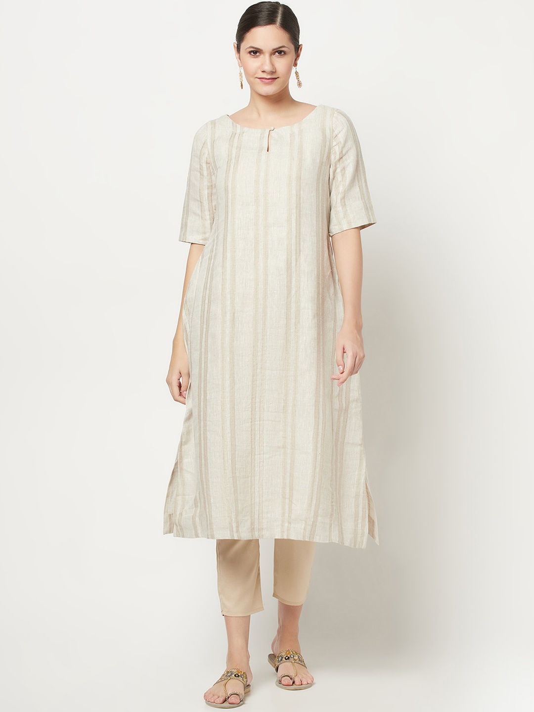 

Fabindia Women White Striped Gotta Patti Kurta