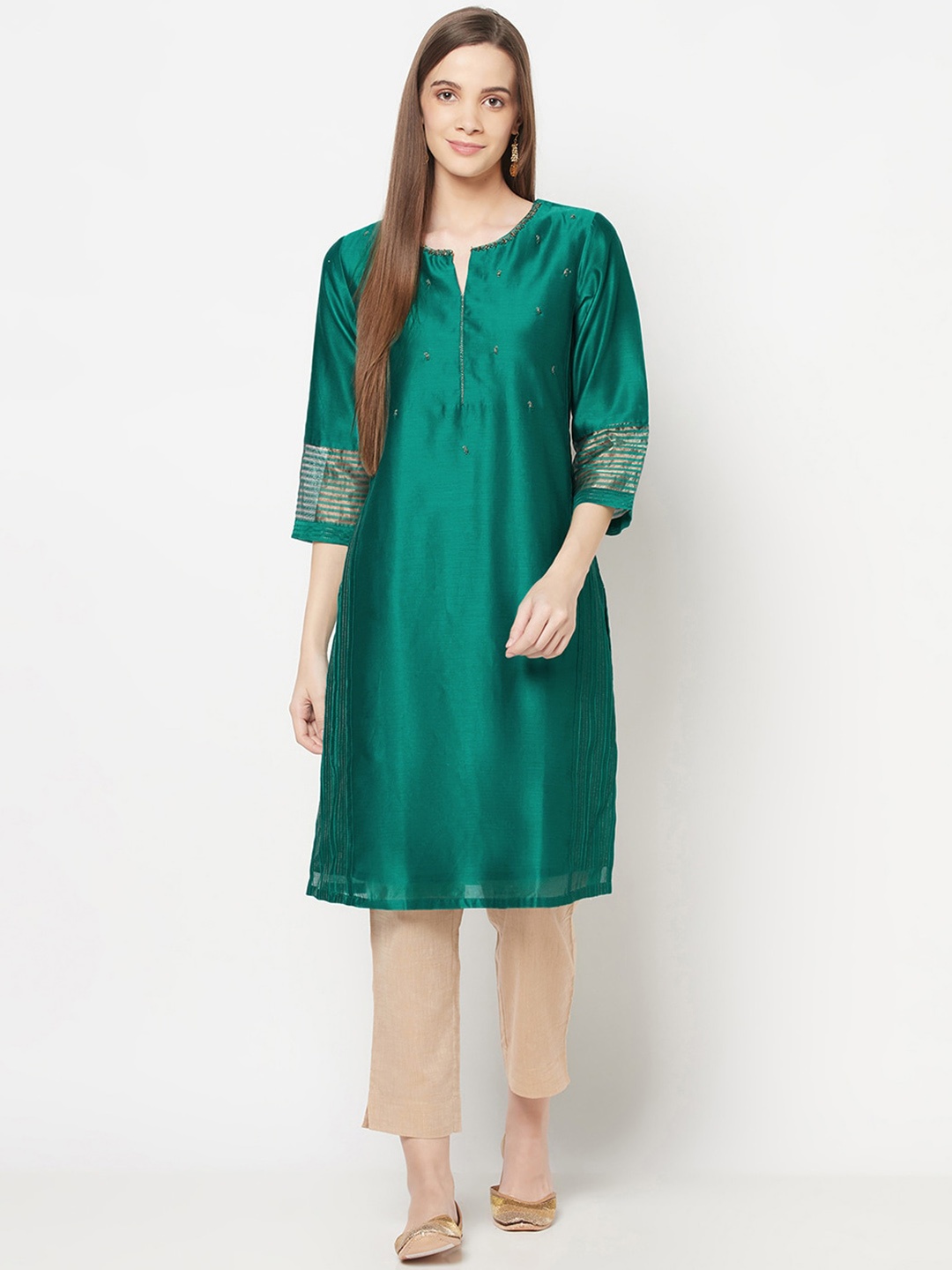 

Fabindia Women Teal Keyhole Neck Flared Sleeves Kurta