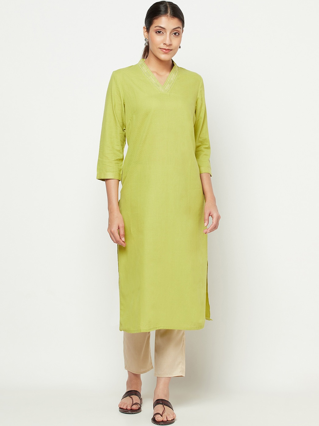 

Fabindia Women Lime Green Thread Work Kurta