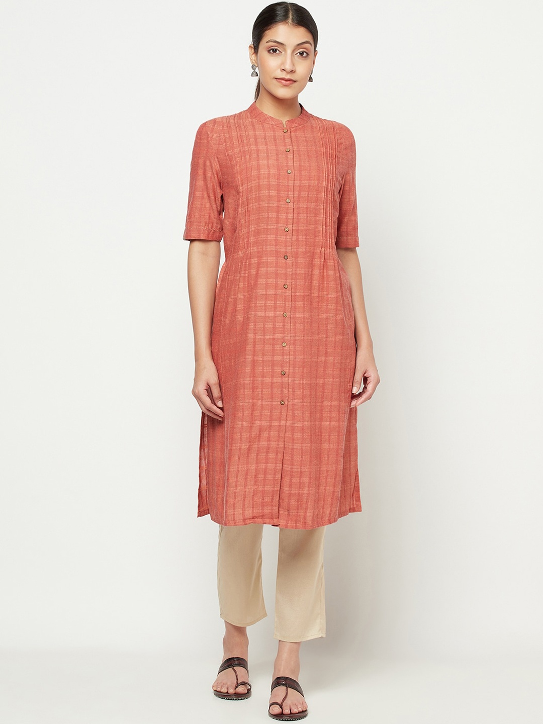 

Fabindia Women Pink Checked Thread Work Kurta