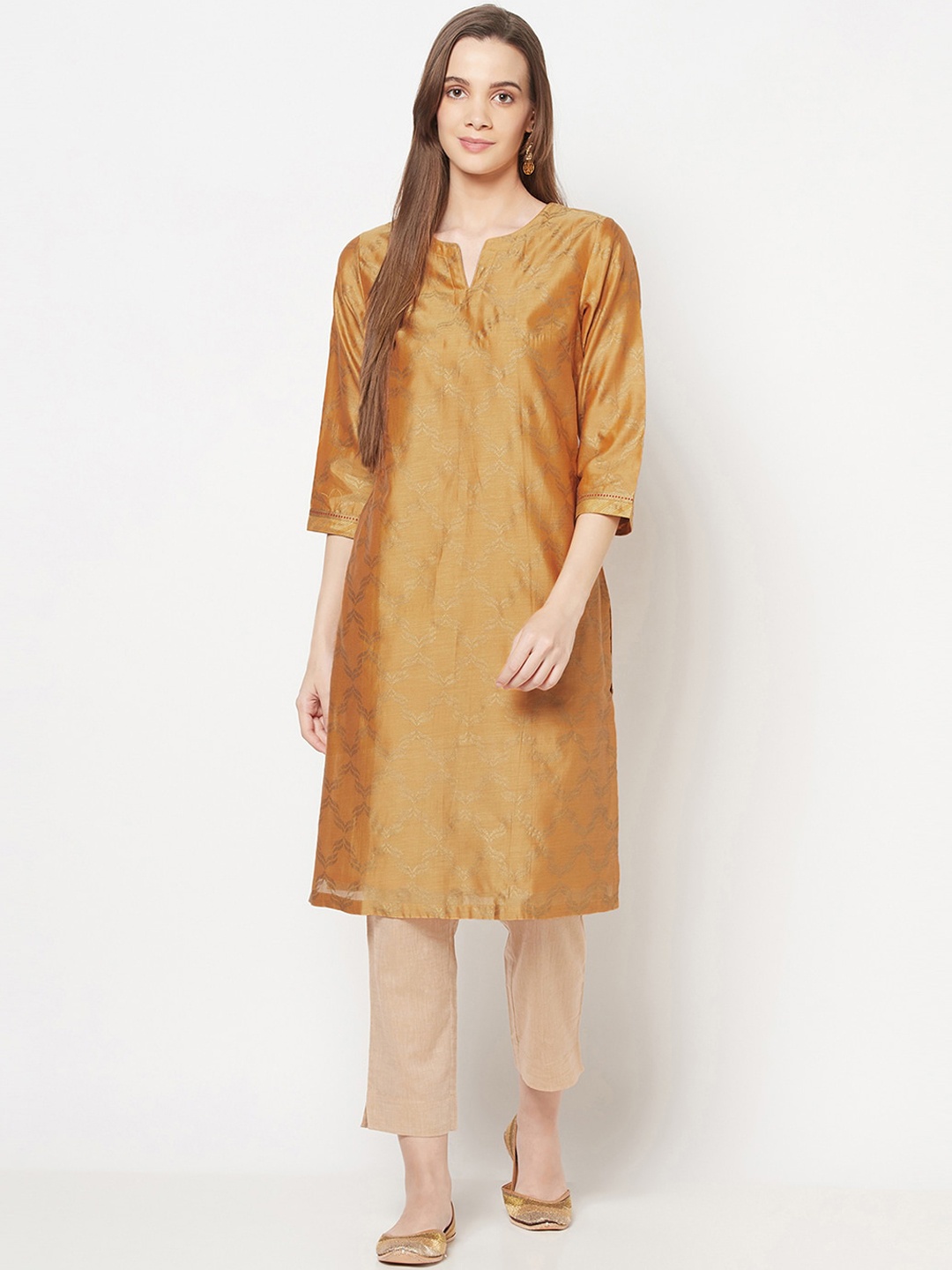 

Fabindia Women Yellow Keyhole Neck Thread Work Kurta