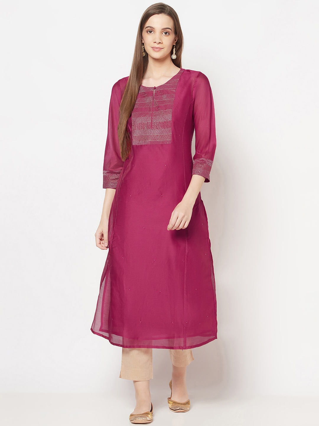 

Fabindia Women Pink Geometric Yoke Design Keyhole Neck Thread Work Kurta