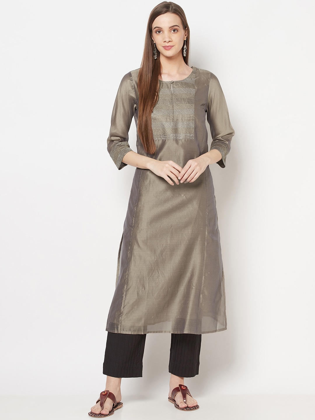 

Fabindia Women Grey Yoke Design Keyhole Neck Thread Work Kurta