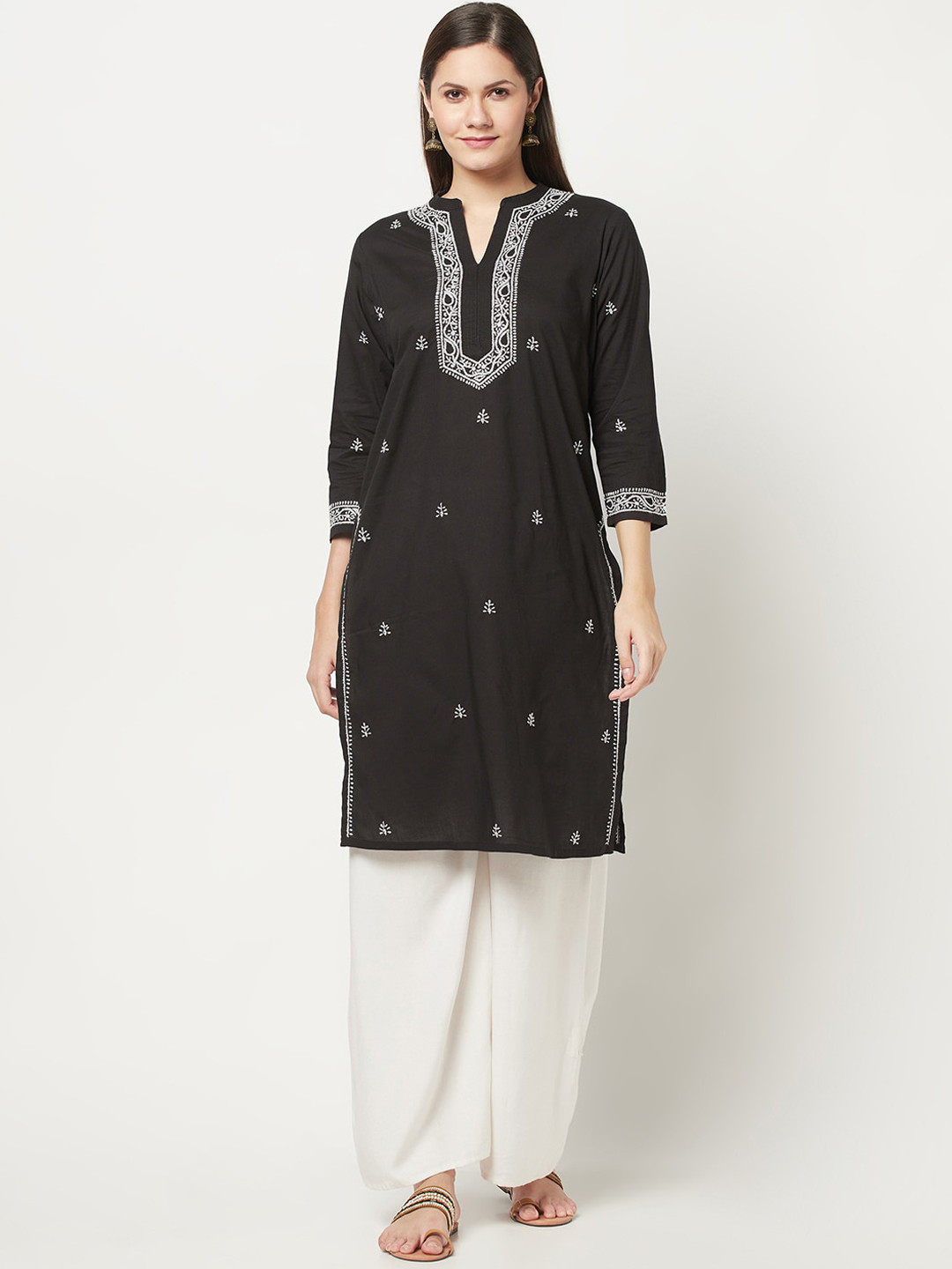

Fabindia Women Black & White Ethnic Motifs Embroidered Cotton Kurta