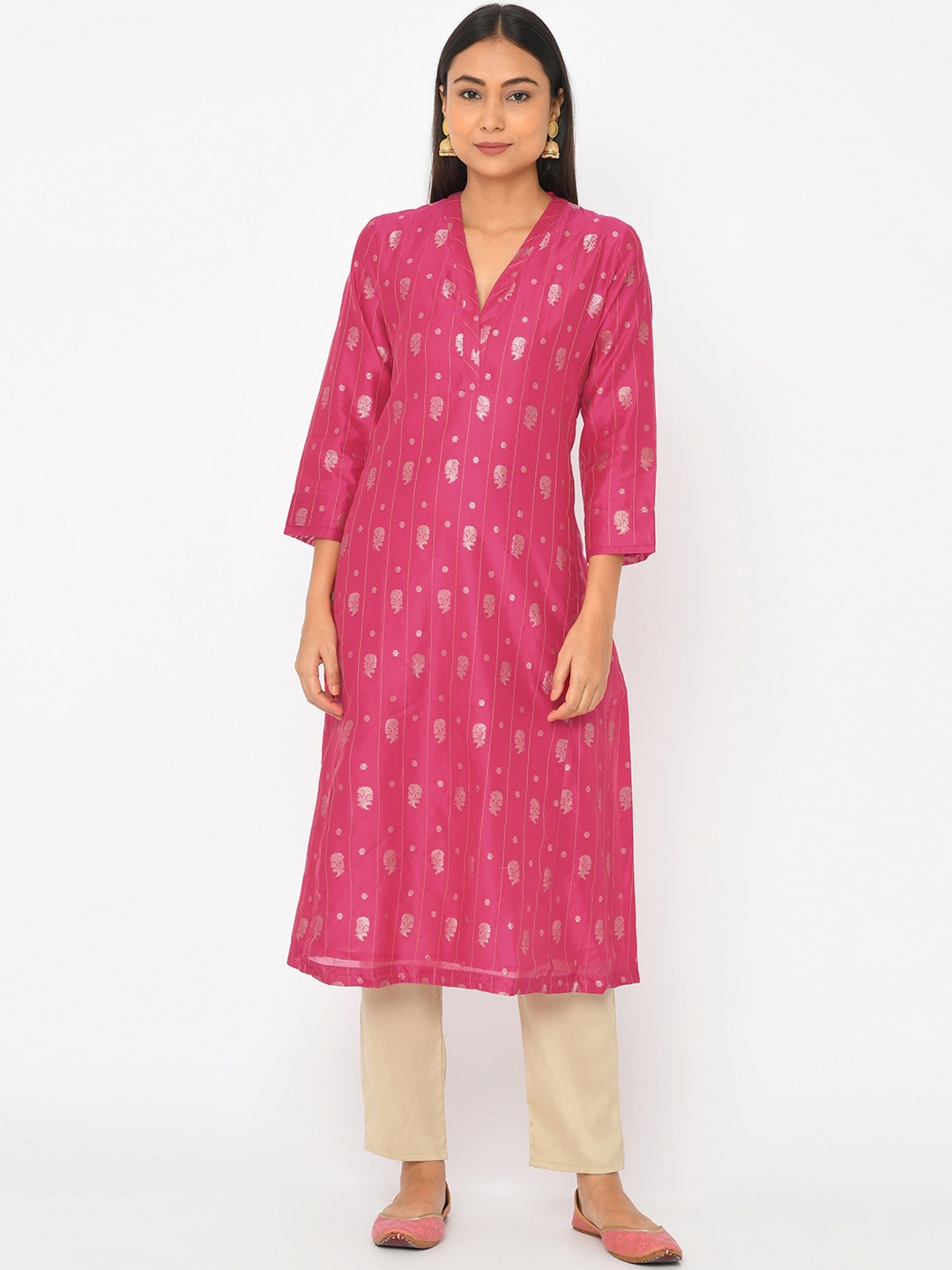 

Fabindia Women Pink Ethnic Motifs Printed Thread Work Kurta