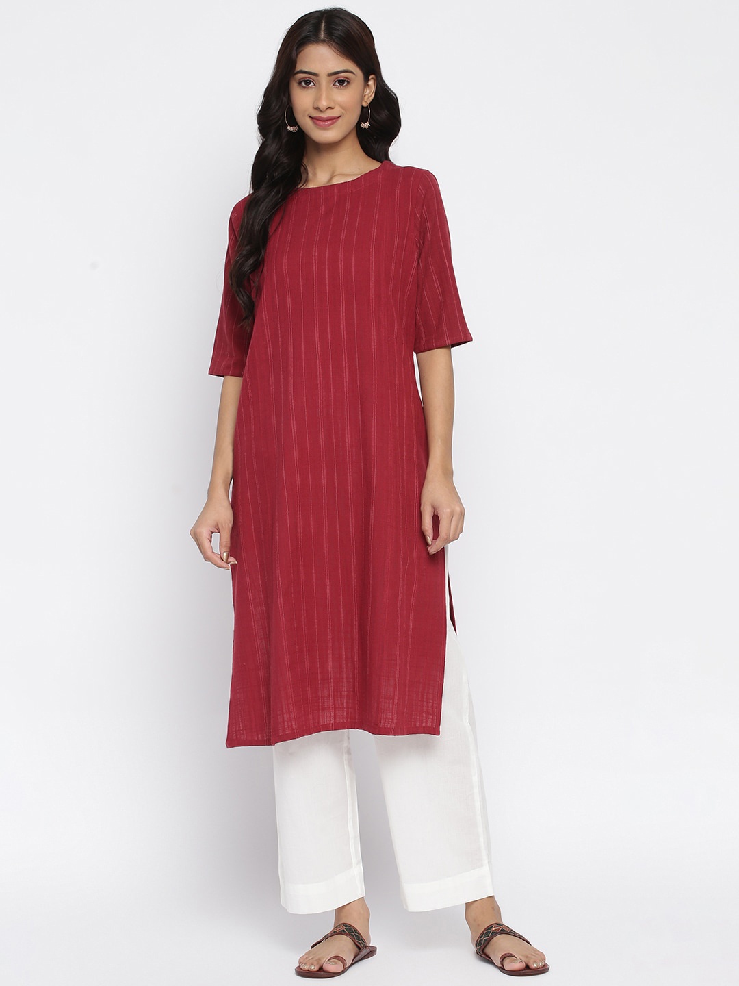 

Fabindia Women Red Striped Keyhole Neck Flared Sleeves Kurta