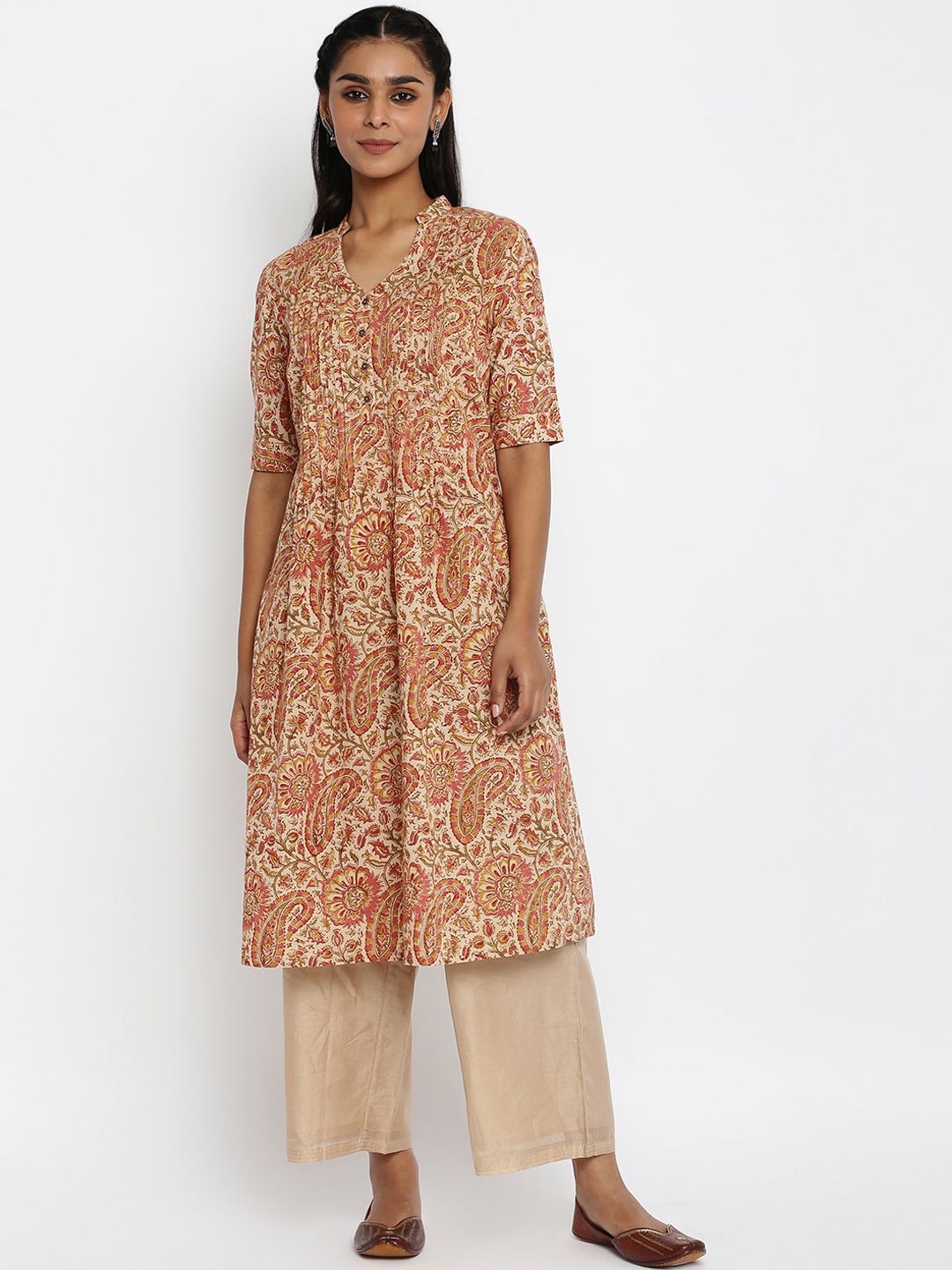 

Fabindia Women Peach-Coloured Ethnic Motifs Printed Kurta