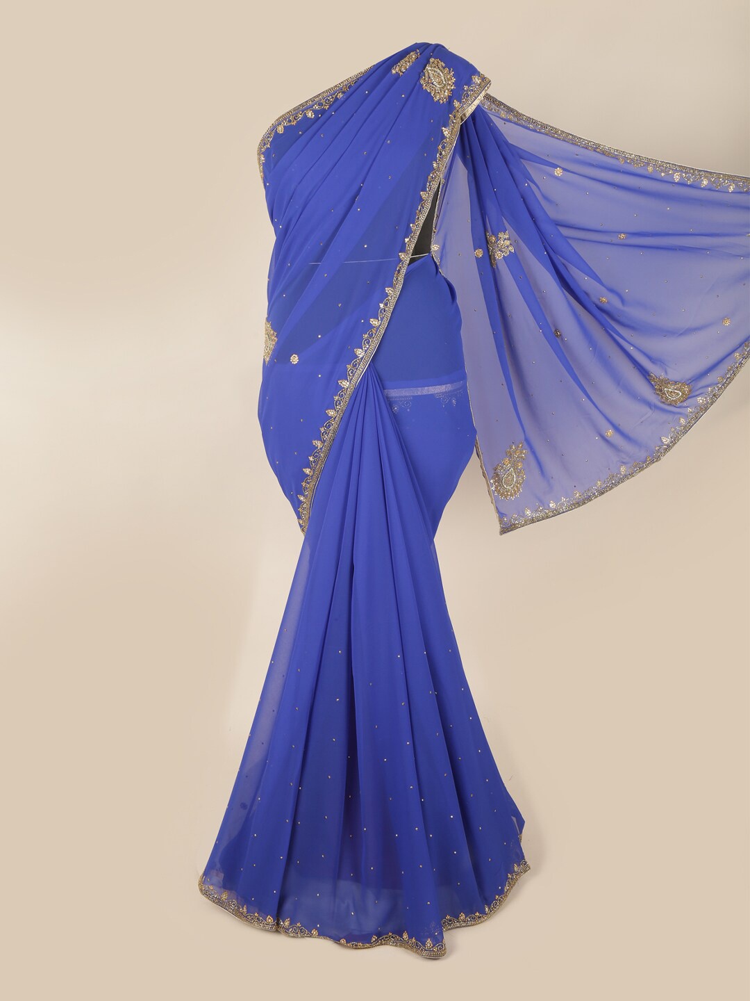 

Pothys Blue & Gold Embellished Poly Georgette Saree