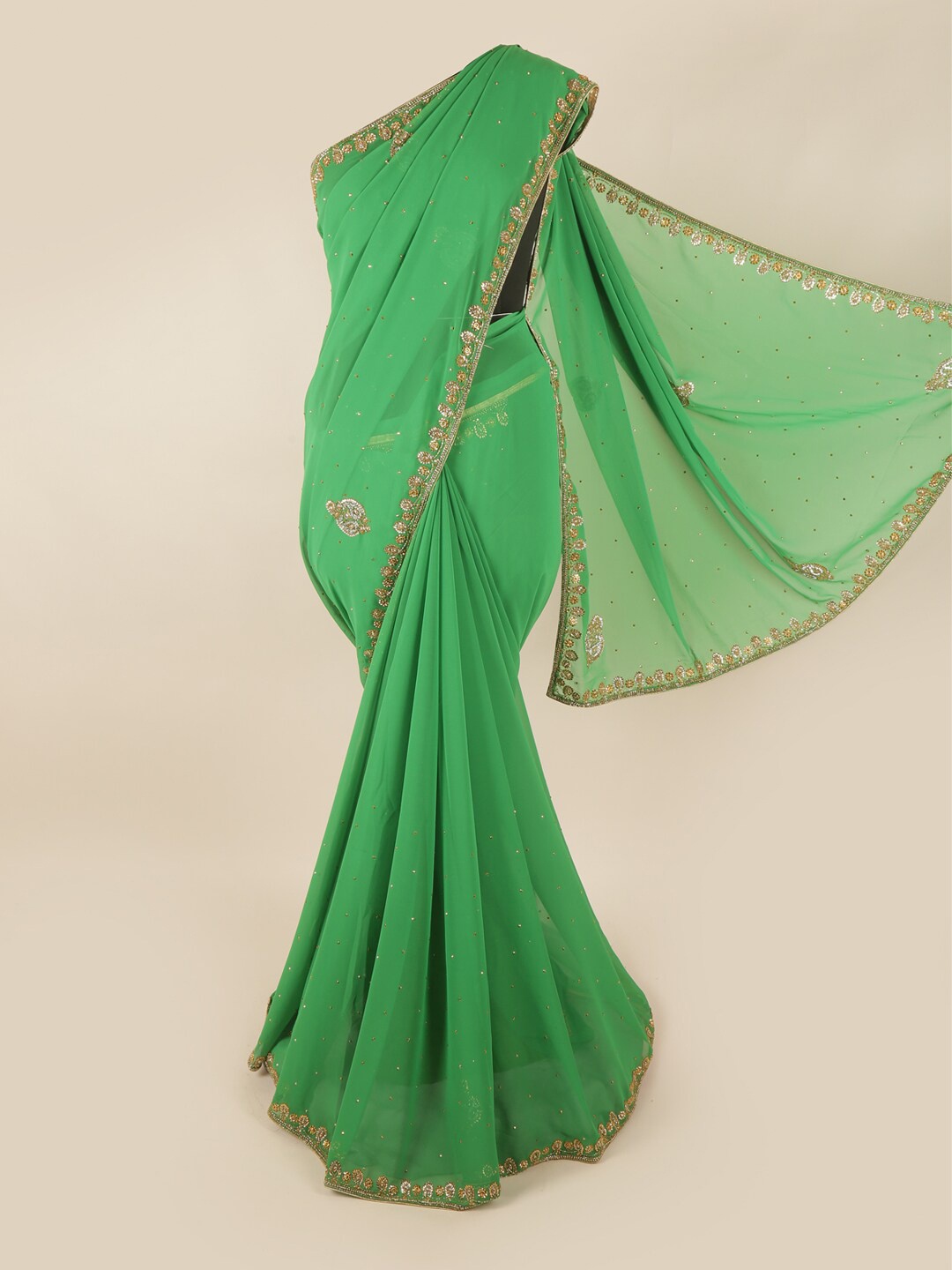 

Pothys Green & Gold-Toned Embellished Beads and Stones Saree