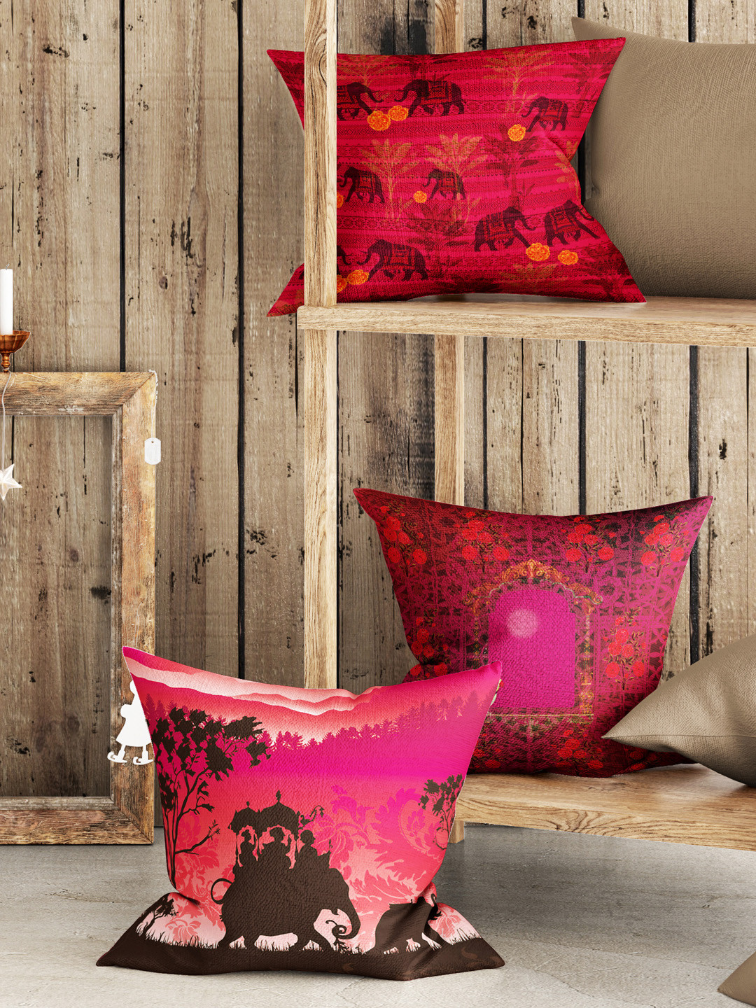 

BIANCA Ruyal Fuchsia & Brown 3 Pieces Abstract Printed Square Cushion Covers
