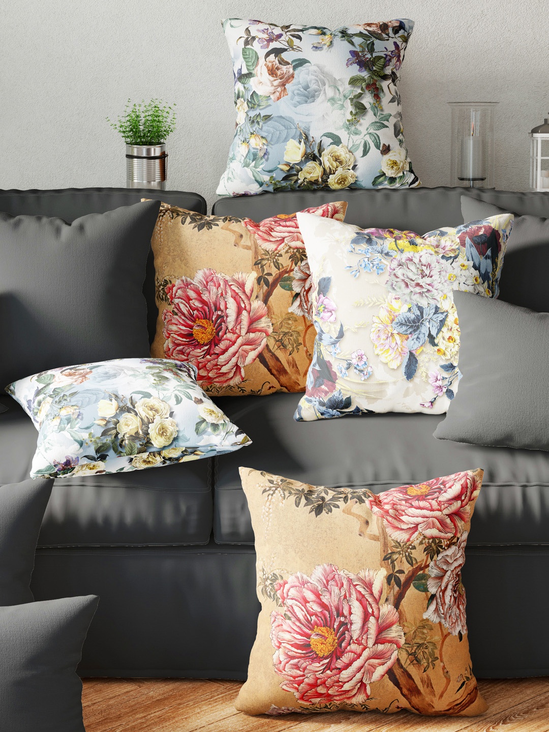 

BIANCA Ruyal Brown & Grey 5 Pieces Floral Printed Square Cushion Covers