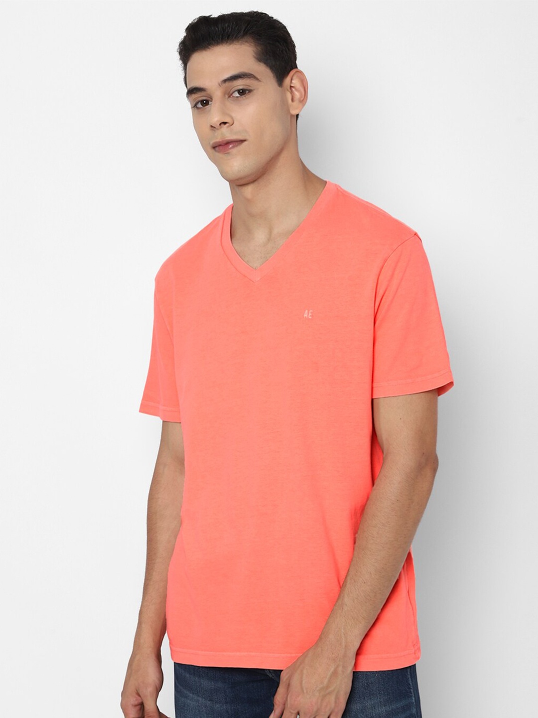 

AMERICAN EAGLE OUTFITTERS Men Peach-Coloured V-Neck Pockets T-shirt