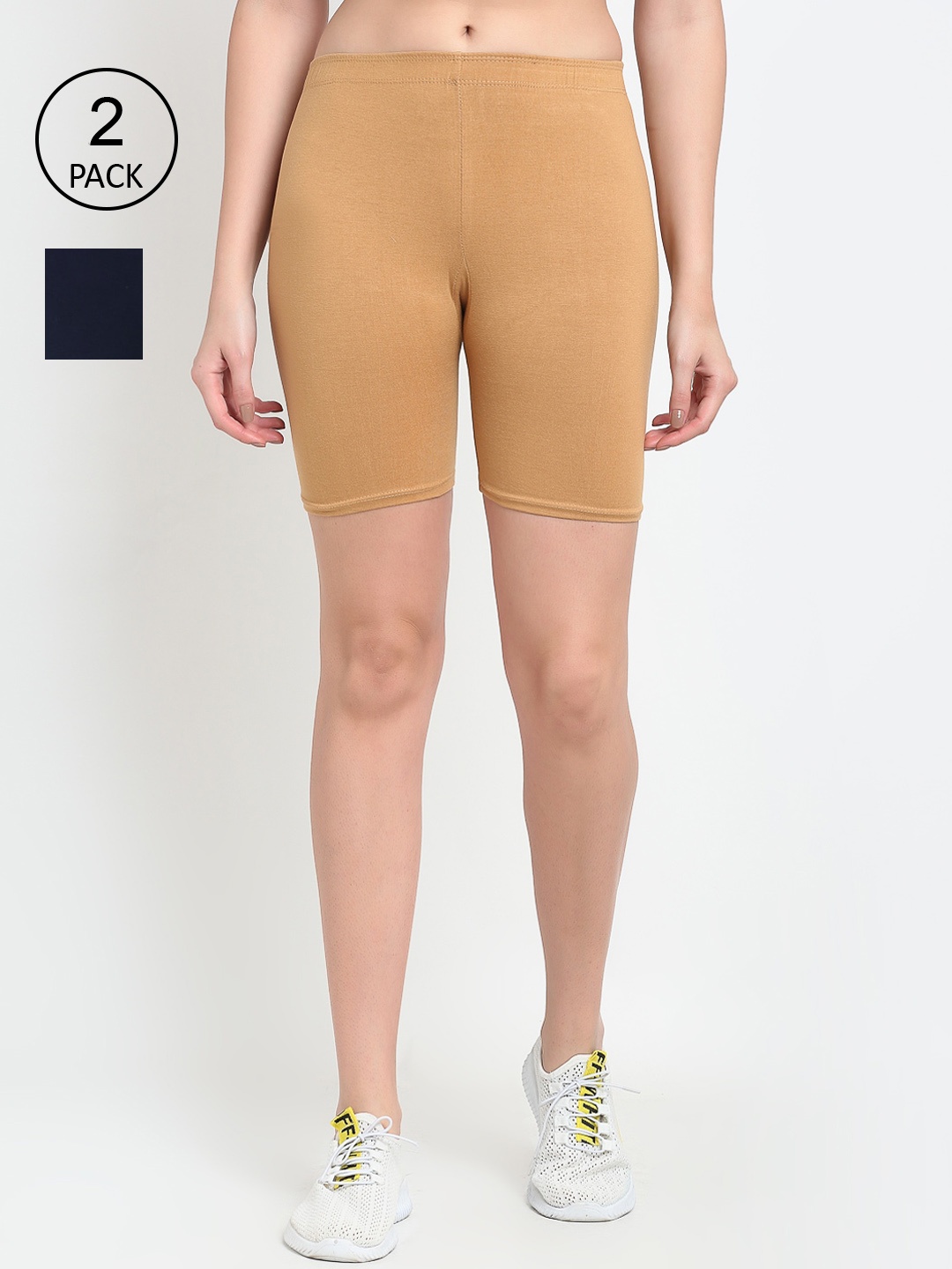 

GRACIT Women Beige & Black Set Of 2 Biker Shorts