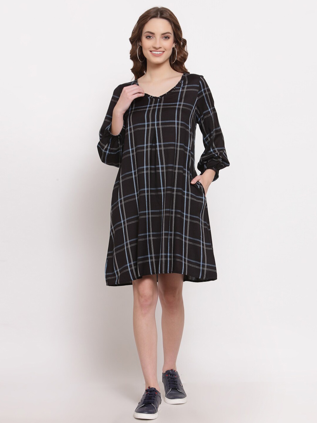 

TERQUOIS Women Black & White Checked A-Line Dress