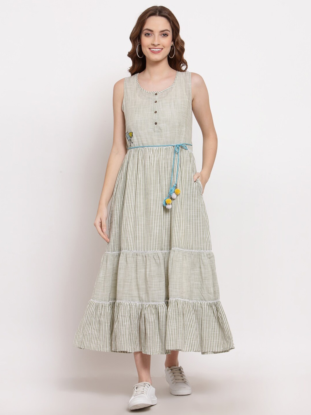 

TERQUOIS Green Striped Midi Dress