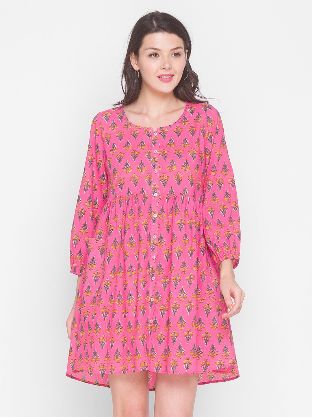 

TERQUOIS Pink Ethnic Motif Printed A-Line Dress