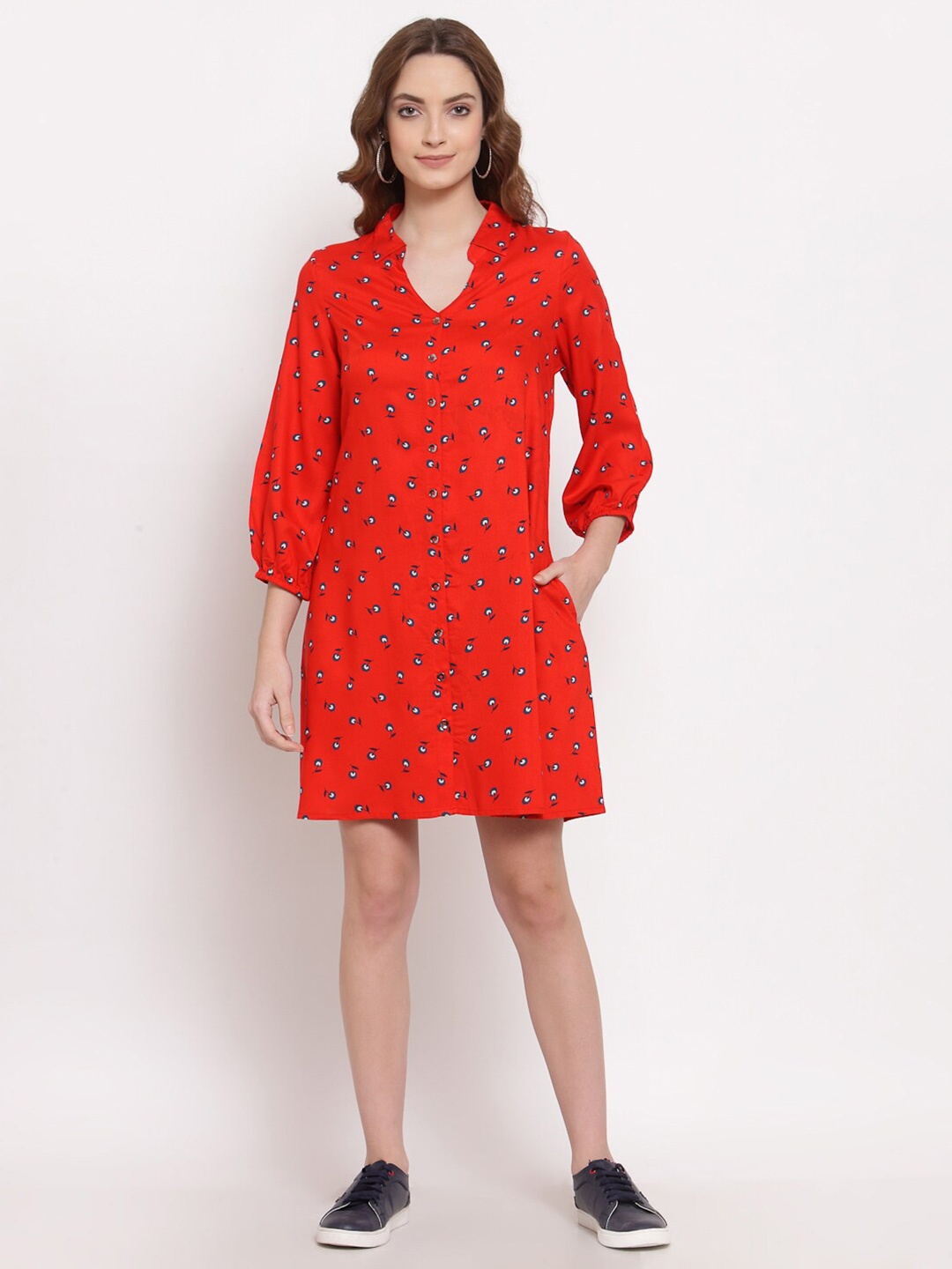 

TERQUOIS Women Red & Blue Floral Printed Shirt Dress