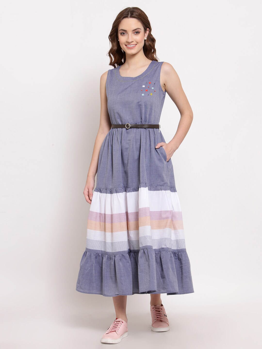 

TERQUOIS Women Blue & White Striped Belted Pure Cotton Midi Dress