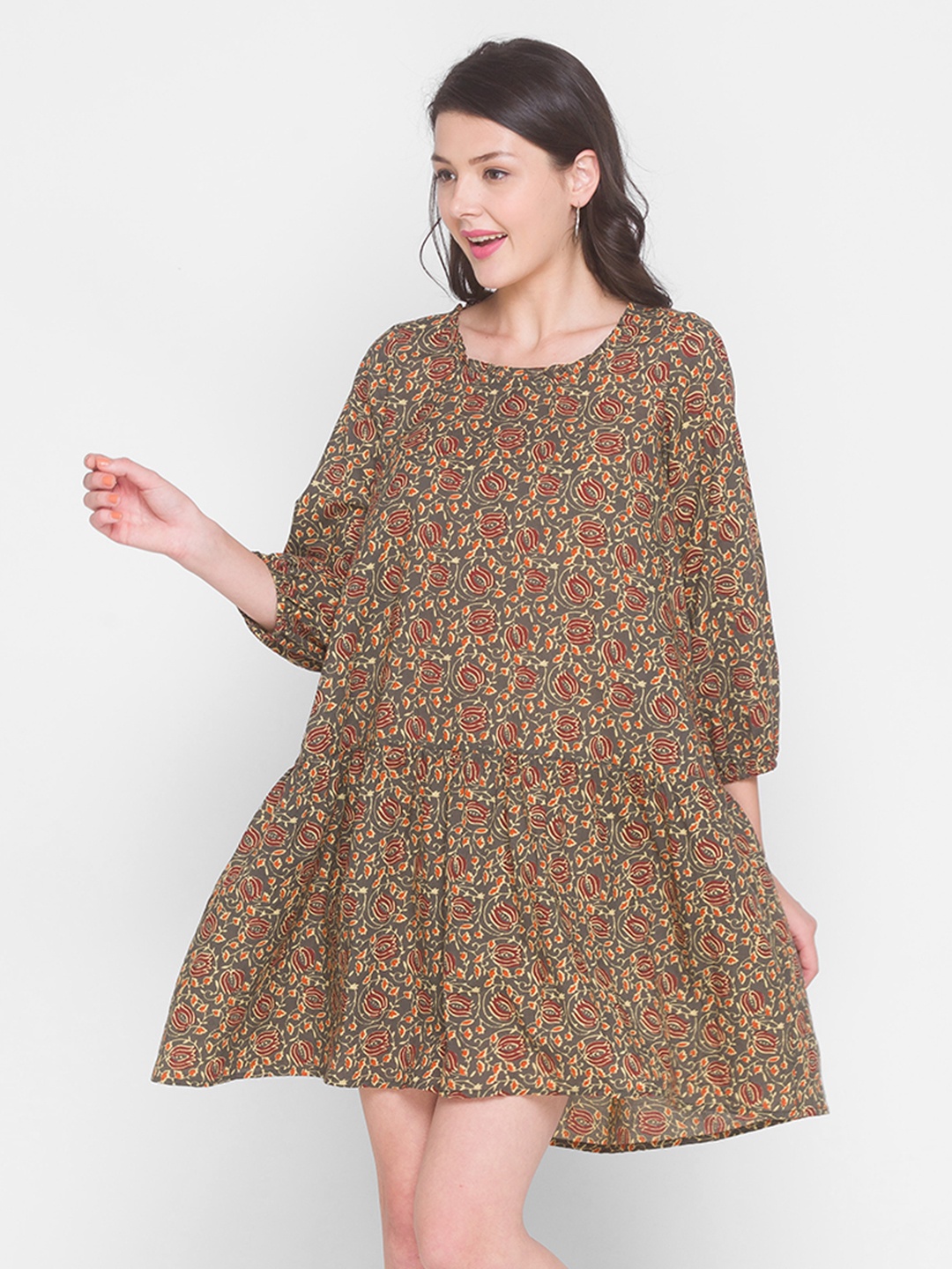 

TERQUOIS Green & Maroon Floral A-Line Dress