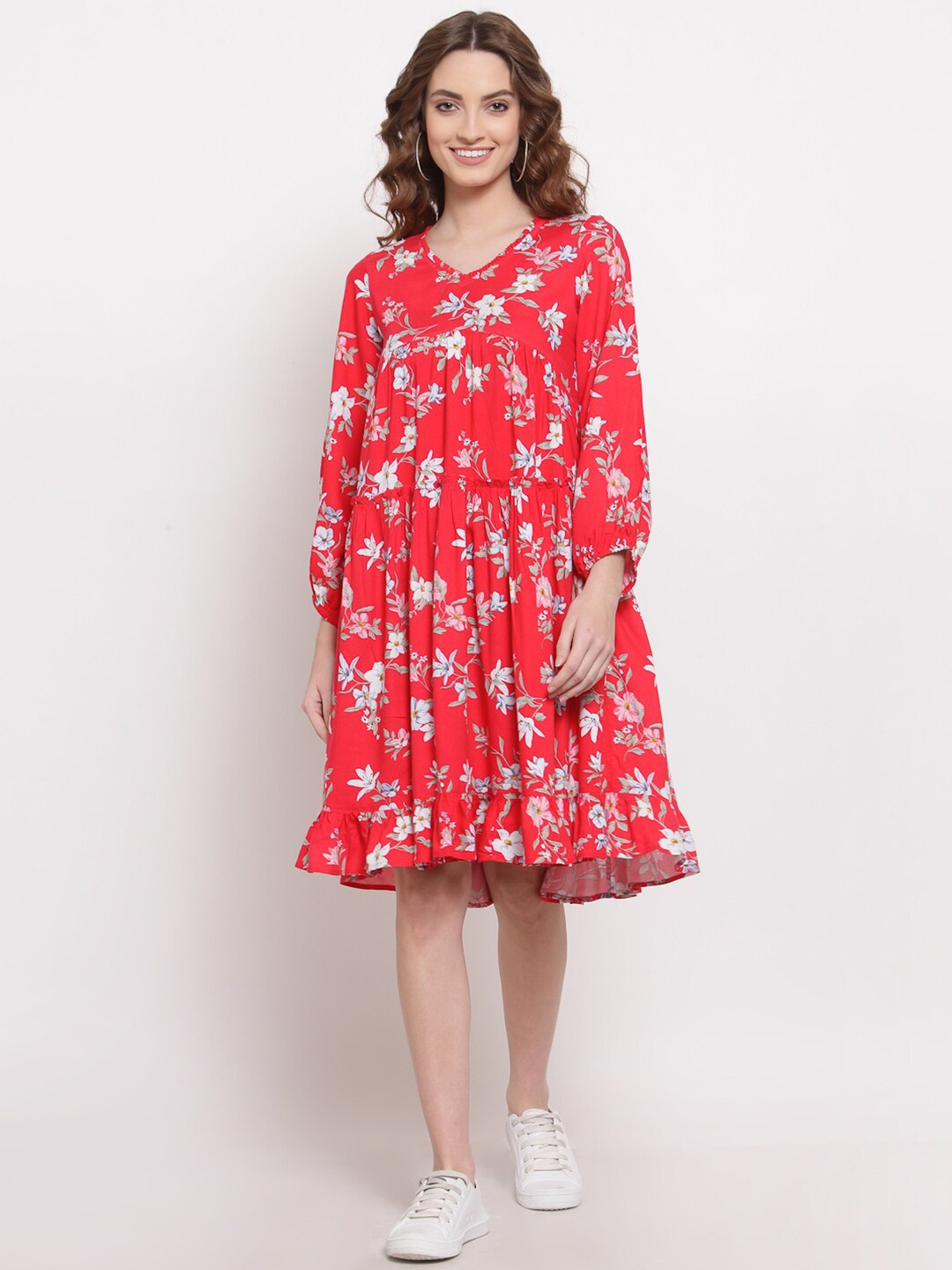 

TERQUOIS Red Floral A-Line Dress