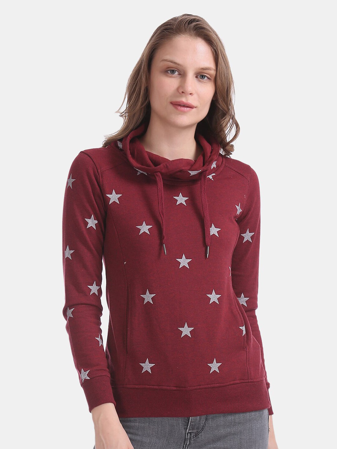 

Newport Women Maroon Printed Hooded Sweatshirt