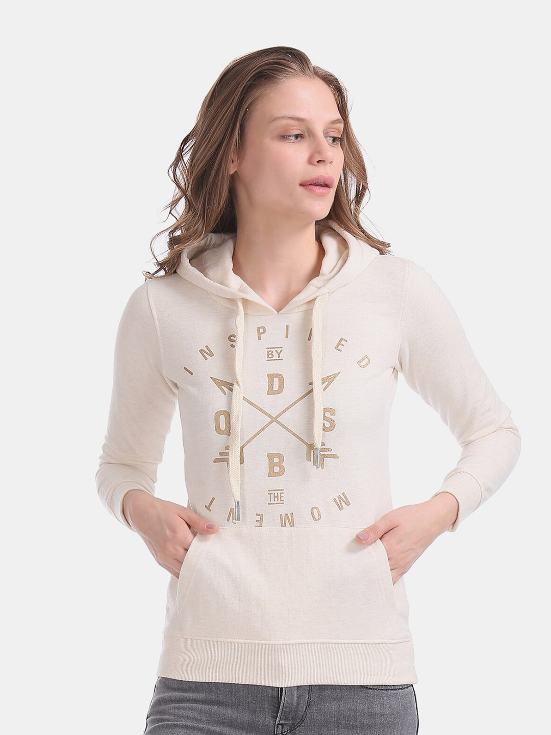 

Newport Women Cream Printed Hooded Sweatshirt