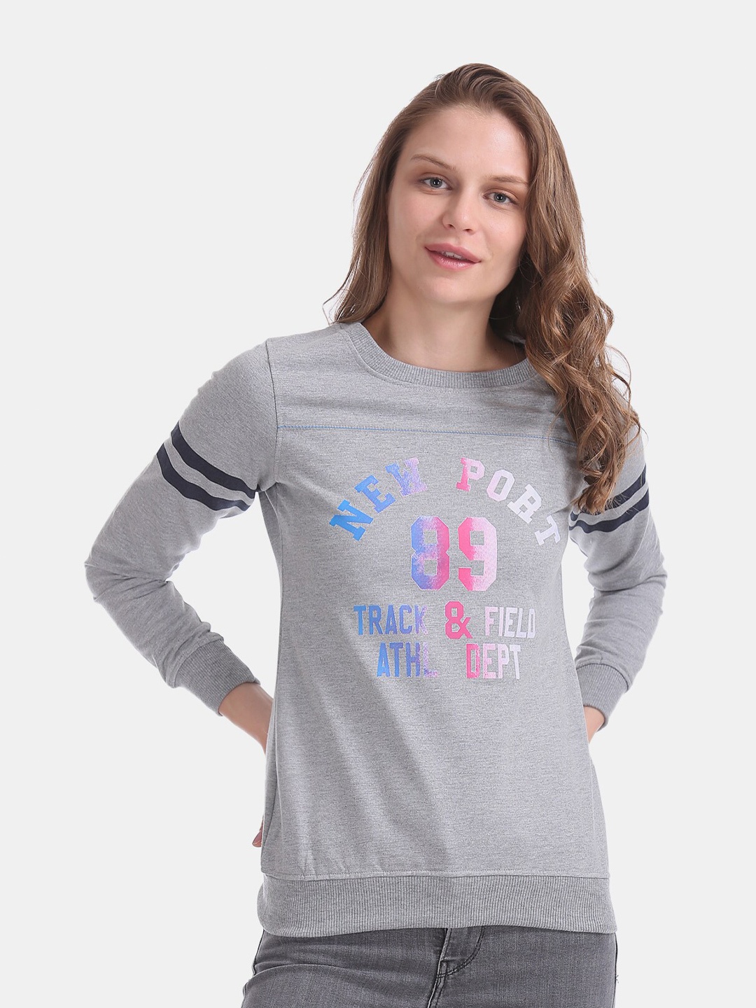 

Newport Women Grey Melange & Pink Printed Sweatshirt
