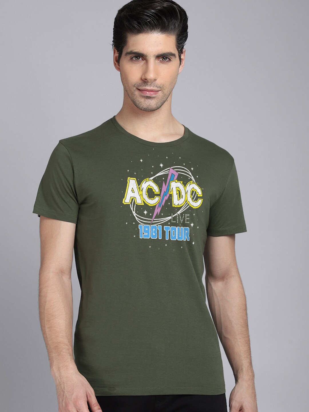 

Free Authority Men Olive Green ACDC Printed T-shirt