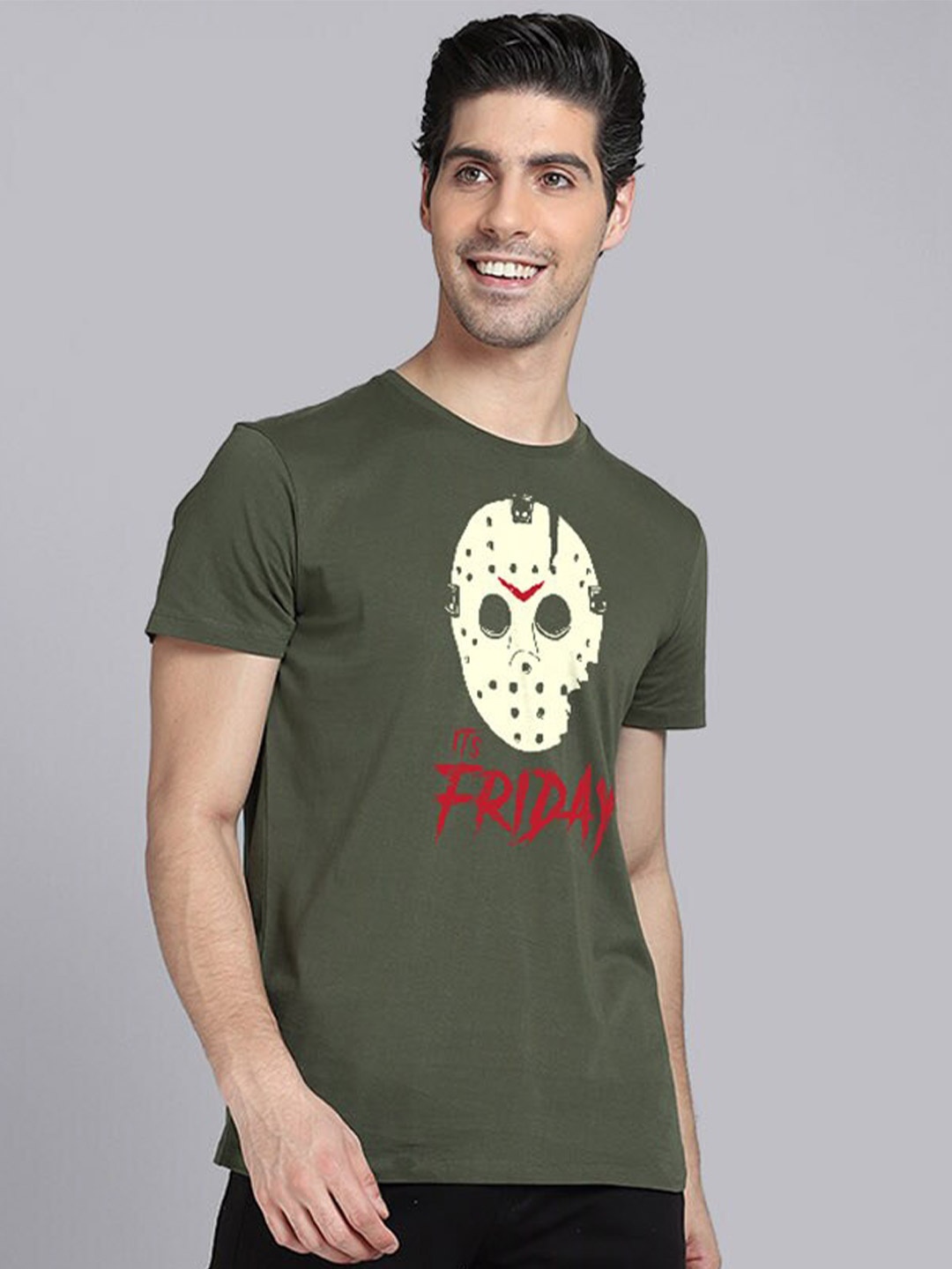 

Free Authority Friday The 13Th Men Olive Green Printed T-shirt