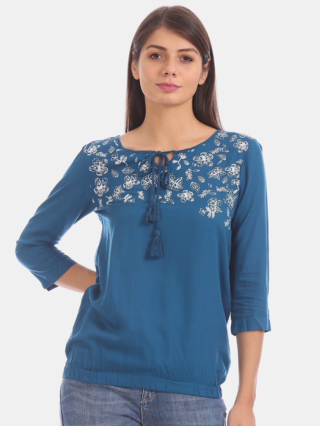 

Cherokee Women Blue Floral Printed Blouson Top, Teal