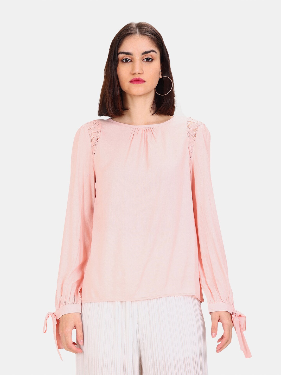 

Cherokee Women Pink Pleated Long Sleeve Blouson Top