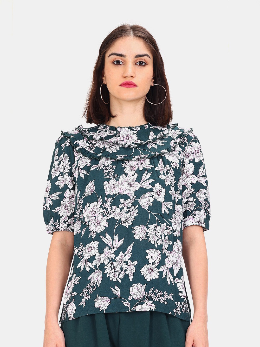 

Cherokee Women Teal Floral Printed Ruffles Blouson Top