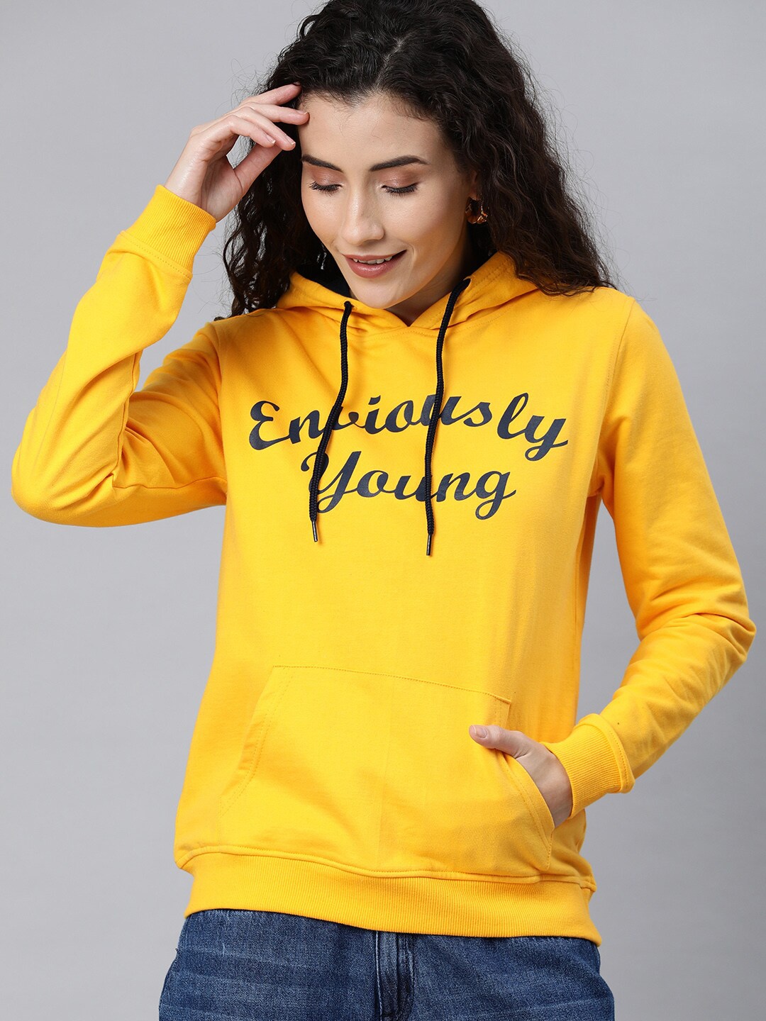 

Enviously Young Women Yellow Printed Hooded Sweatshirt