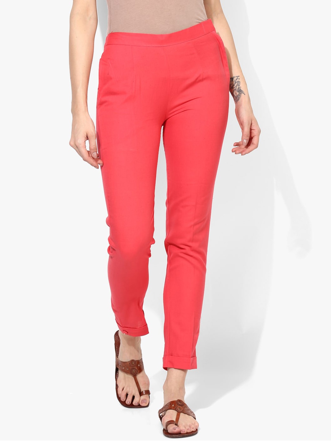 

Varkha Fashion Women Red Chambray Cotton Trousers