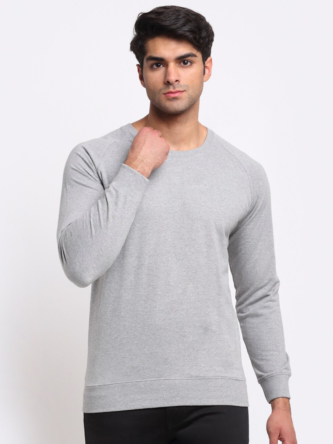 

Friskers Men Grey Melange Loop Net Solid Sweatshirt