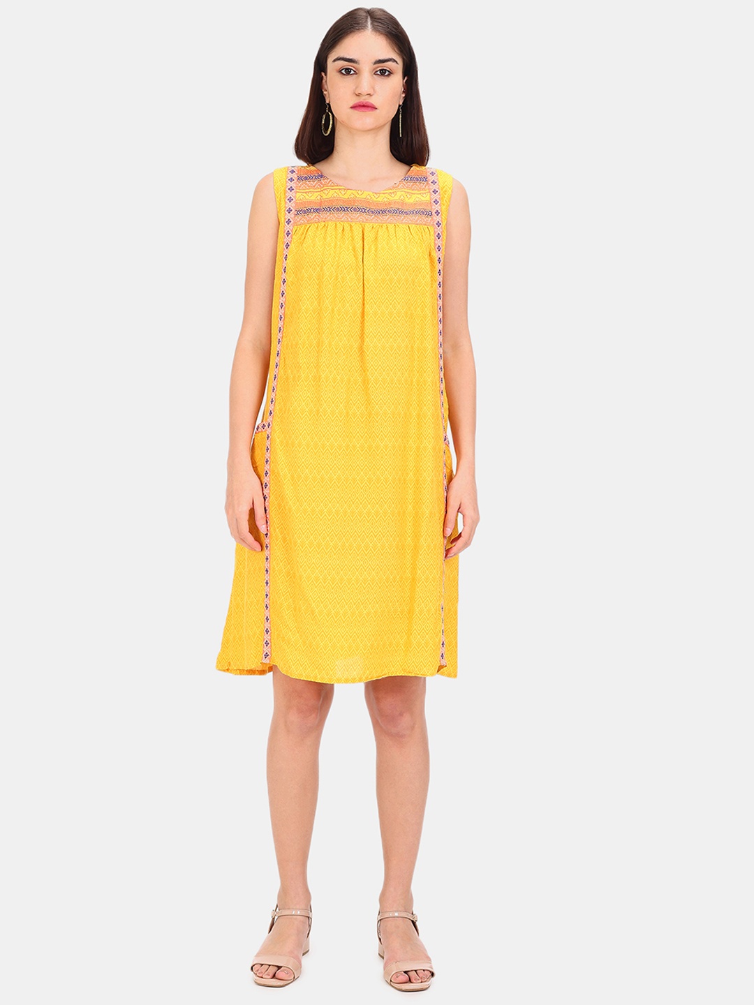 

Karigari Yellow Ethnic Motifs Printed Sleeveless A-Line Dress