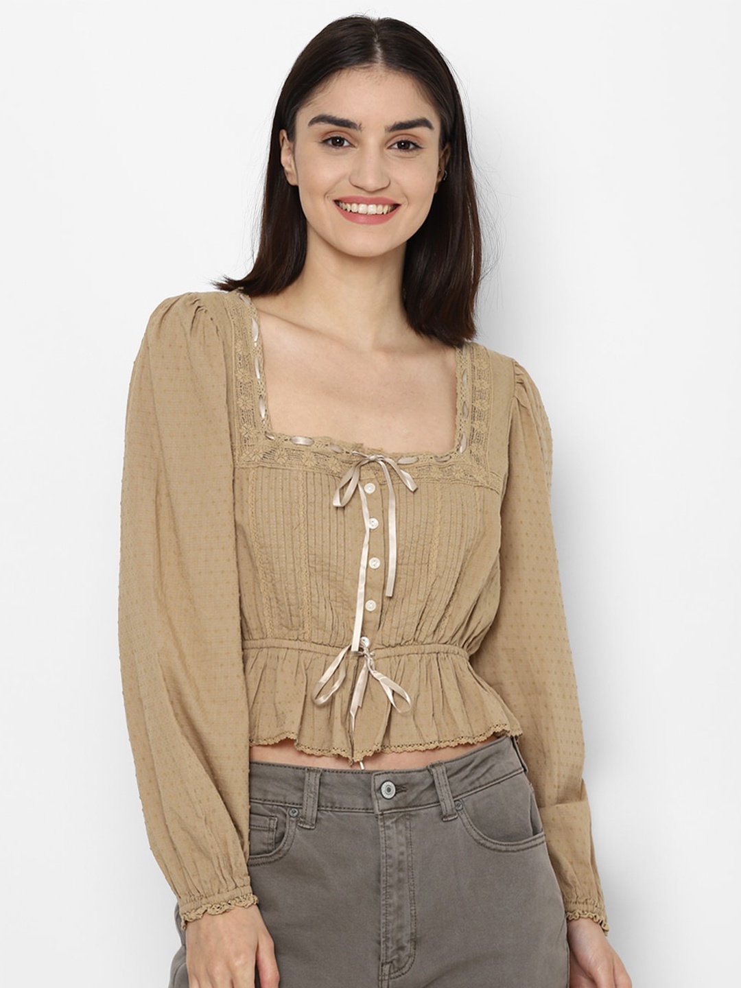 

AMERICAN EAGLE OUTFITTERS Brown Cinched Waist Crop Top