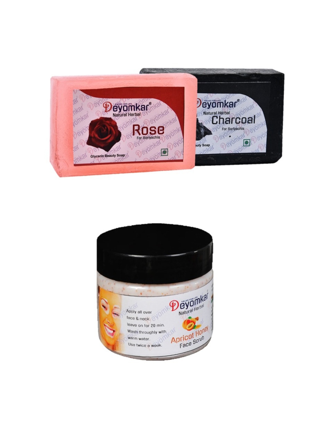 

Deyomkar 3 Pcs Herbal Apricot Honey Scrub with Rose & Charcoal Soap, Brown