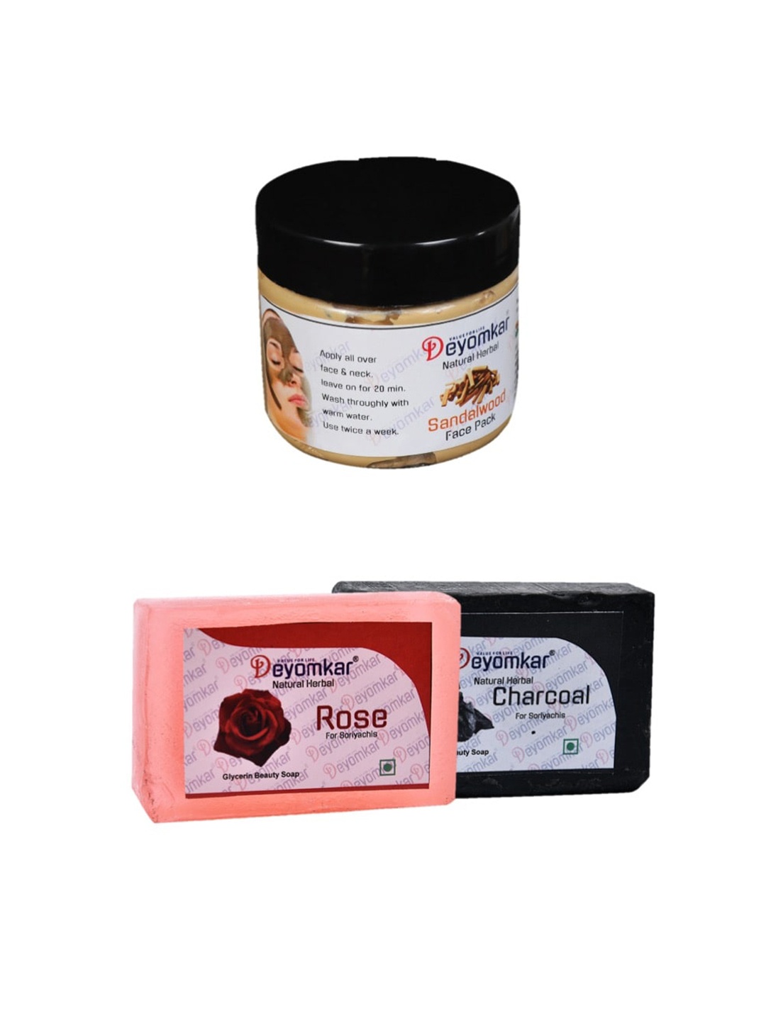 

Deyomkar 3 Pcs Herbal Sandalwood Face Pack with Rose & Charcoal Soap, Brown