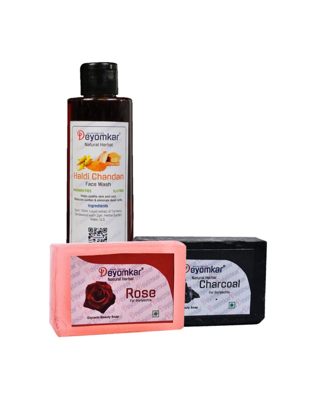 

Deyomkar Herbal Haldi Chandan Face Wash with Rose Soap And Charcoal Soap Combo, White