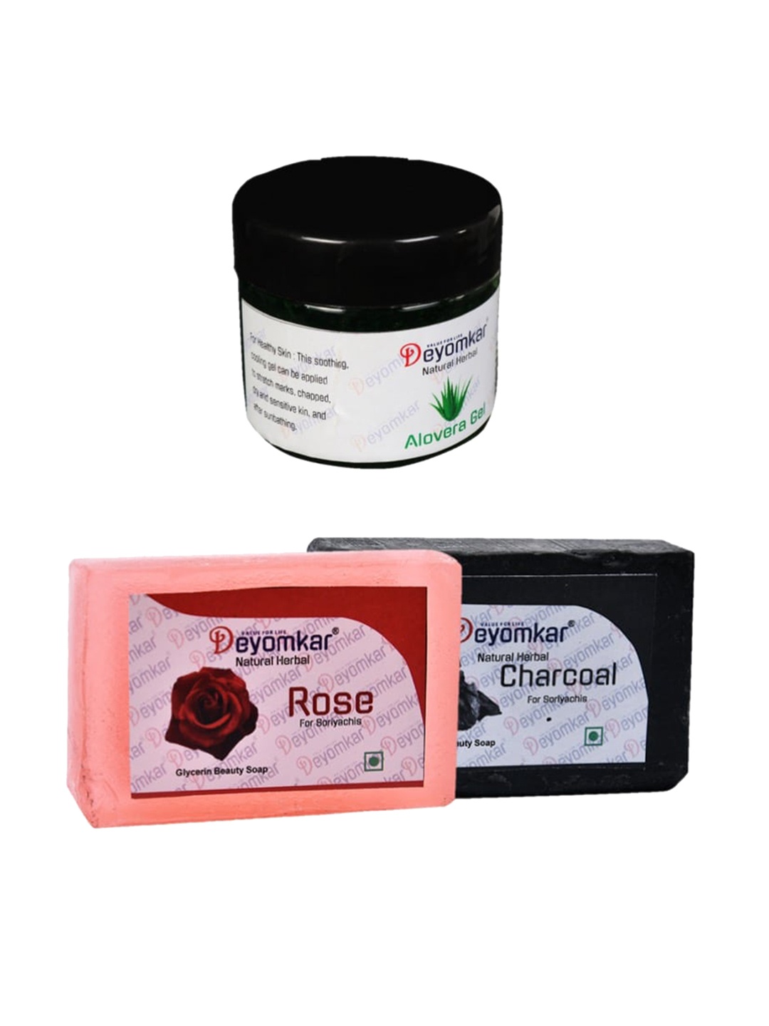 

Deyomkar Herbal Alovera Gel with Rose Soap And Charcoal Soap Combo, Green